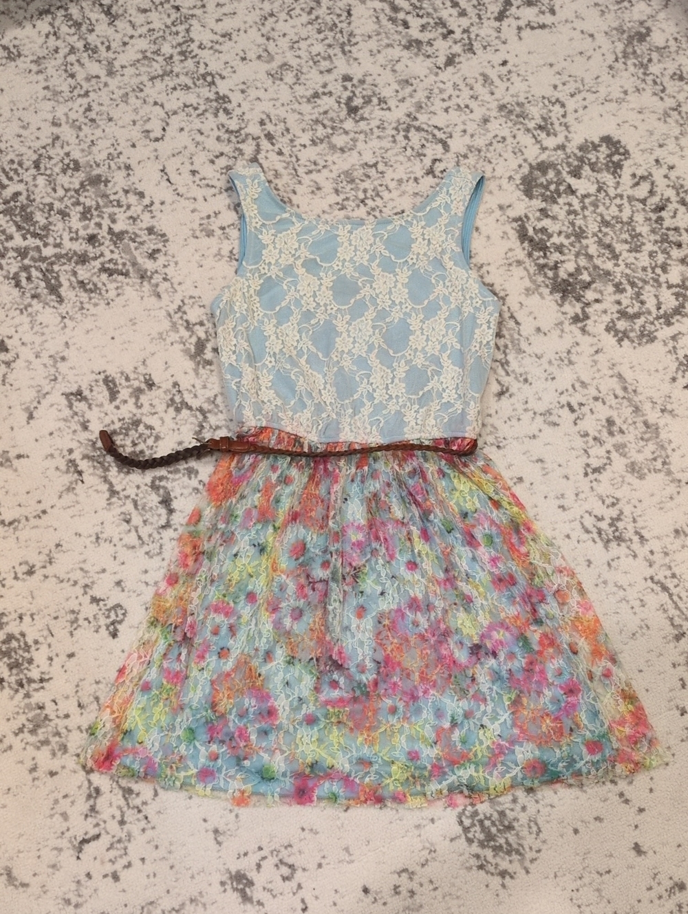 Teeze Me Blue Lace Bodice Floral Skirt Dress with Brown Braided Belt